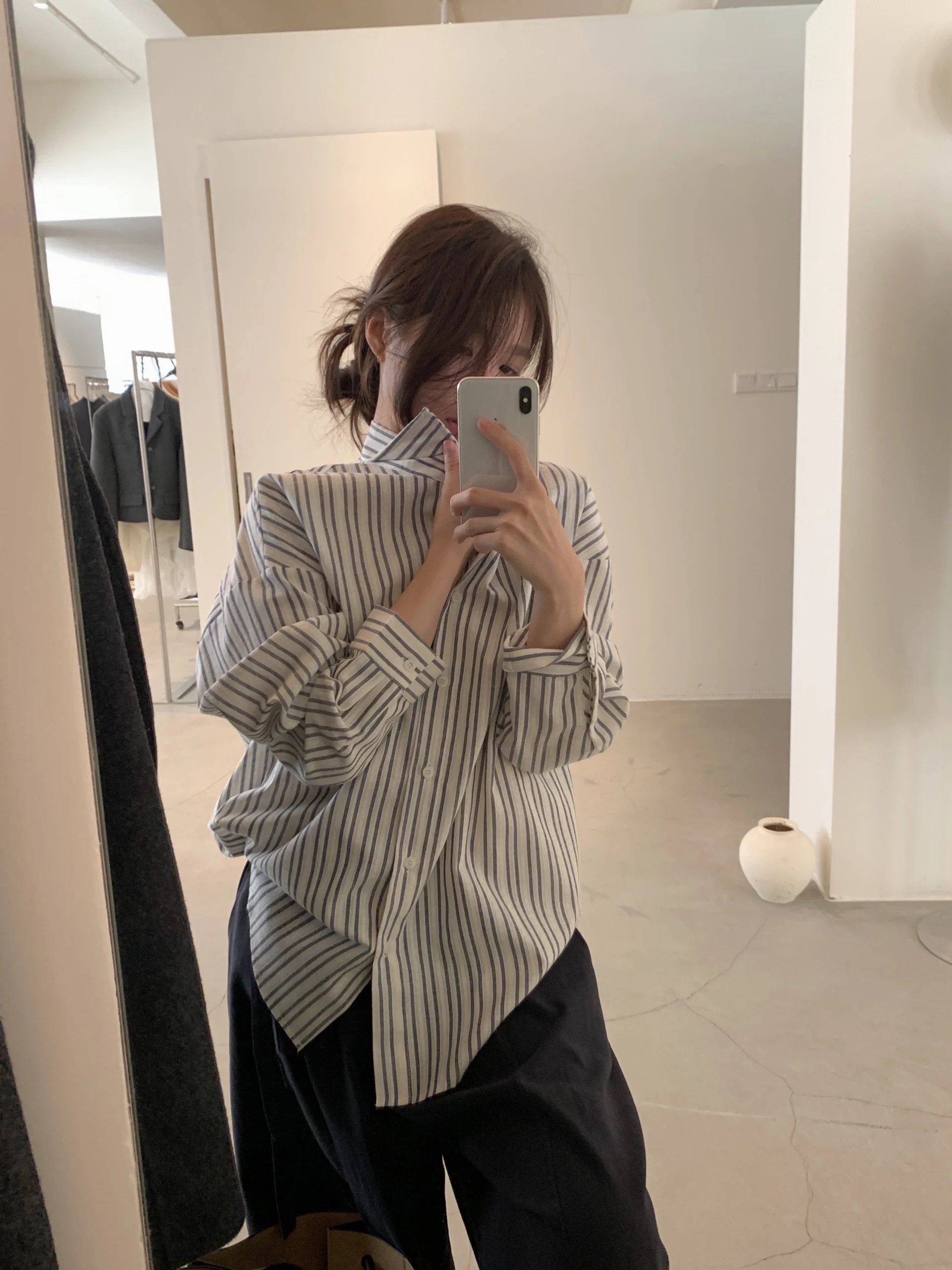 

Autumn Spring 2026 Korean Chic Style Turn Down Collar Long Sleeve Striped Blouse Female Outwear tops (Ca30366