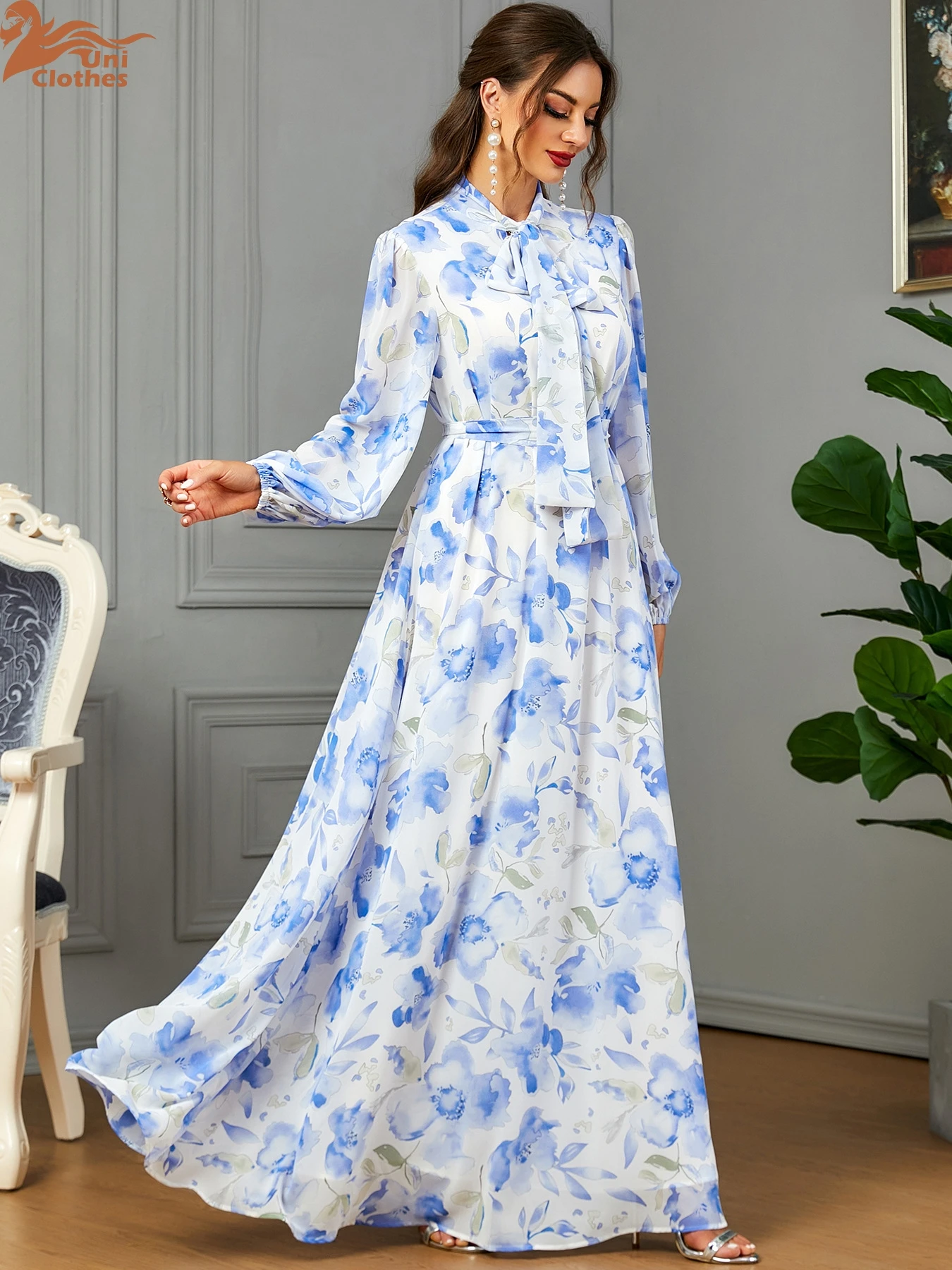 Fashion Elegant Blue Chiffon Printing Party Dress Moroccan Caftan For Women Jalabiyat Turkish Islamic Belted Clothing 3573