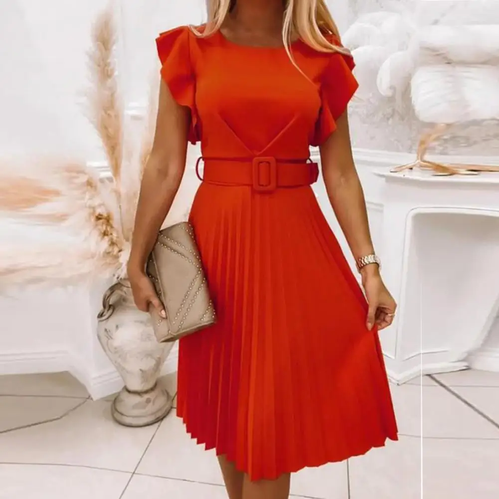 Office Lady Midi Pleated Dresses 2024 Summer Elegant Women's O-Neck Butterfly Sleeve Sashes A-line Dresses For Women Robe Femme