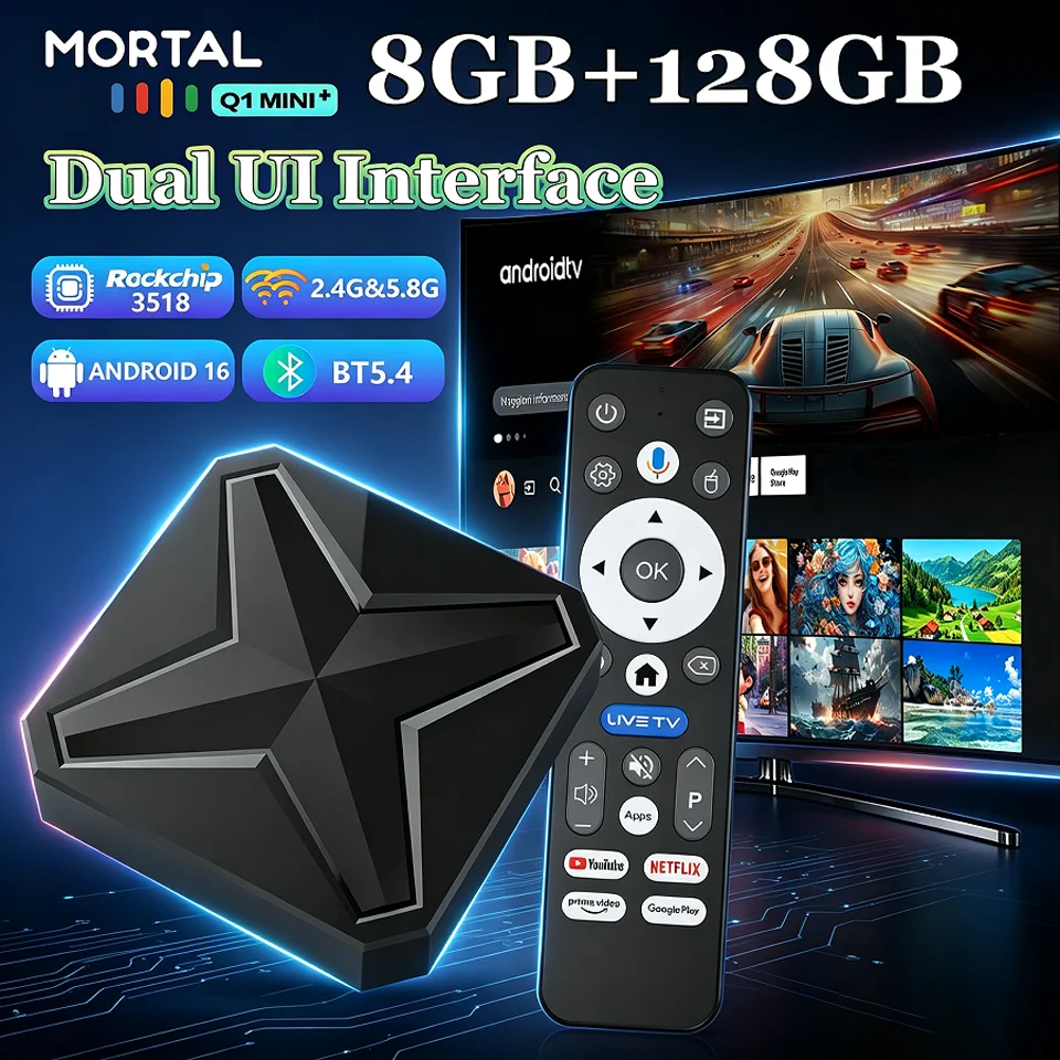 Nuovo TV Box Android 16 Versione Globale 2026 Q1 Mini+ Interfaccia Dual UI BT5.4 Dual Wifi 2.4G&5.8G Telecomando Vocale Lettore Multimediale-image