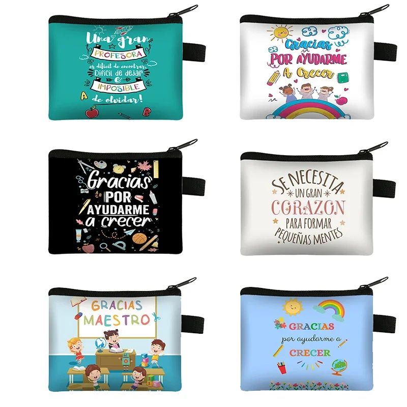 Gracias Maestra / Merci Maitresse Print Coin Purse Spanish Thanks Teacher Money Bags Earphone Credit ID Card Holder Wallet Gift