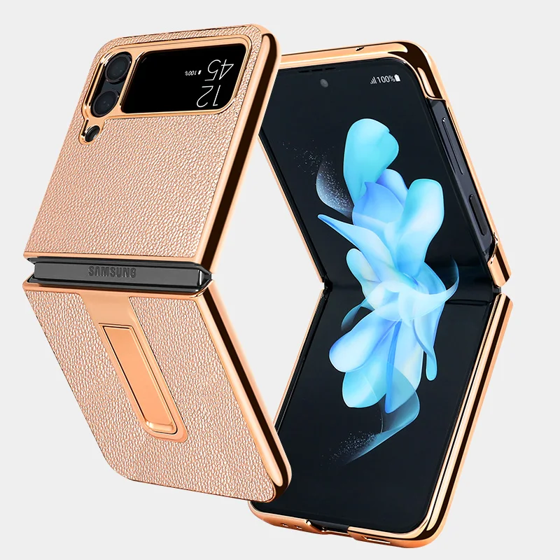 

Vietao z flip5 Golden Plated genuine Leather mobile Phone Case for Samsung Galaxy Z Flip 3 5G 4 5 Case Cover with Hidden bracket