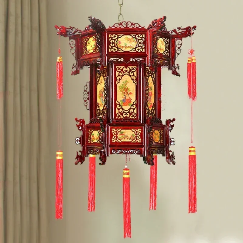 Chinese Hexagonal Solid Wood Palace Lamp for The Temple Hall Advertising Eight Immortals Chandelier New Year Decoration Lantern