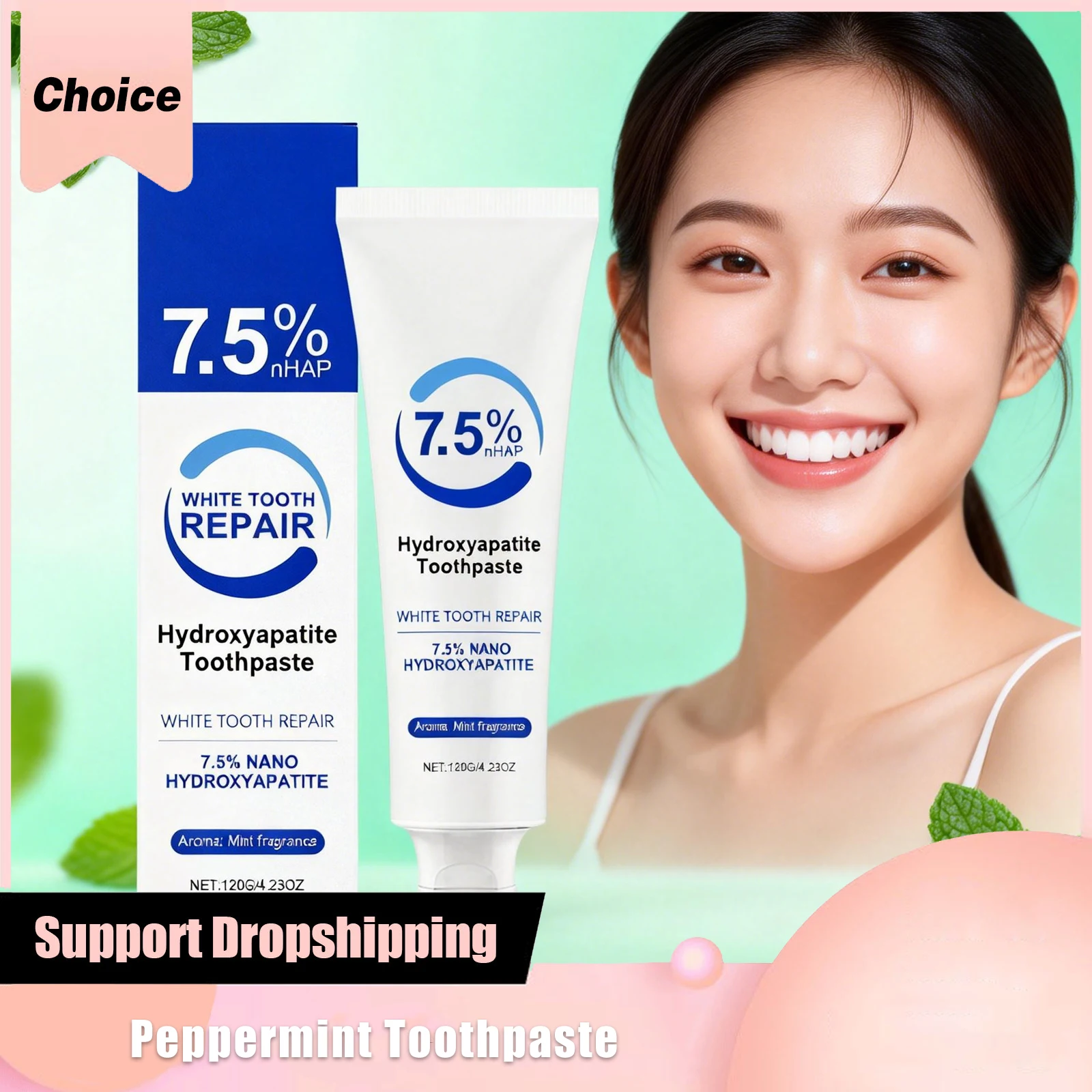 7.5% Hydroxyapatite Peppermint Toothpaste Whitens Teeth Freshens Breath Protects Gums Reduces Stains Cleaning Dental Pastes Foam