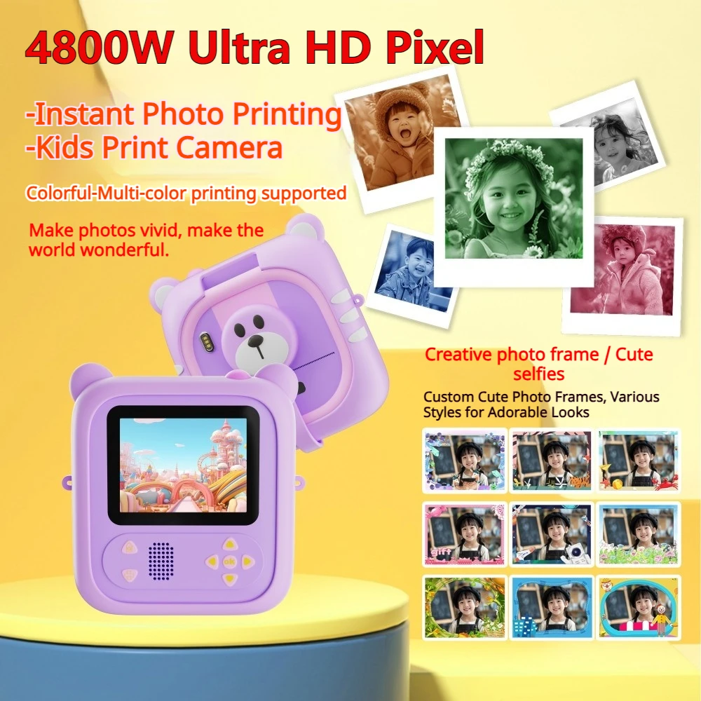 Instant Print Camera voor kinderen met 48MP 1080P HD Selfie 180 Draaibare Dual Lens 64GB Kaart voor Meisjes Jongens Kerst Verjaardagscadeau