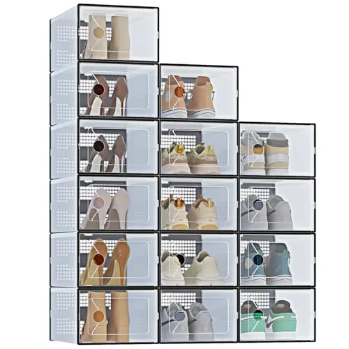 Stackable Shoe Storage Boxes, 15-Pack Plastic Shoe Organizers with Lids, Large Shoe Rack & Holder for Closet, Under Bed, Entrywa