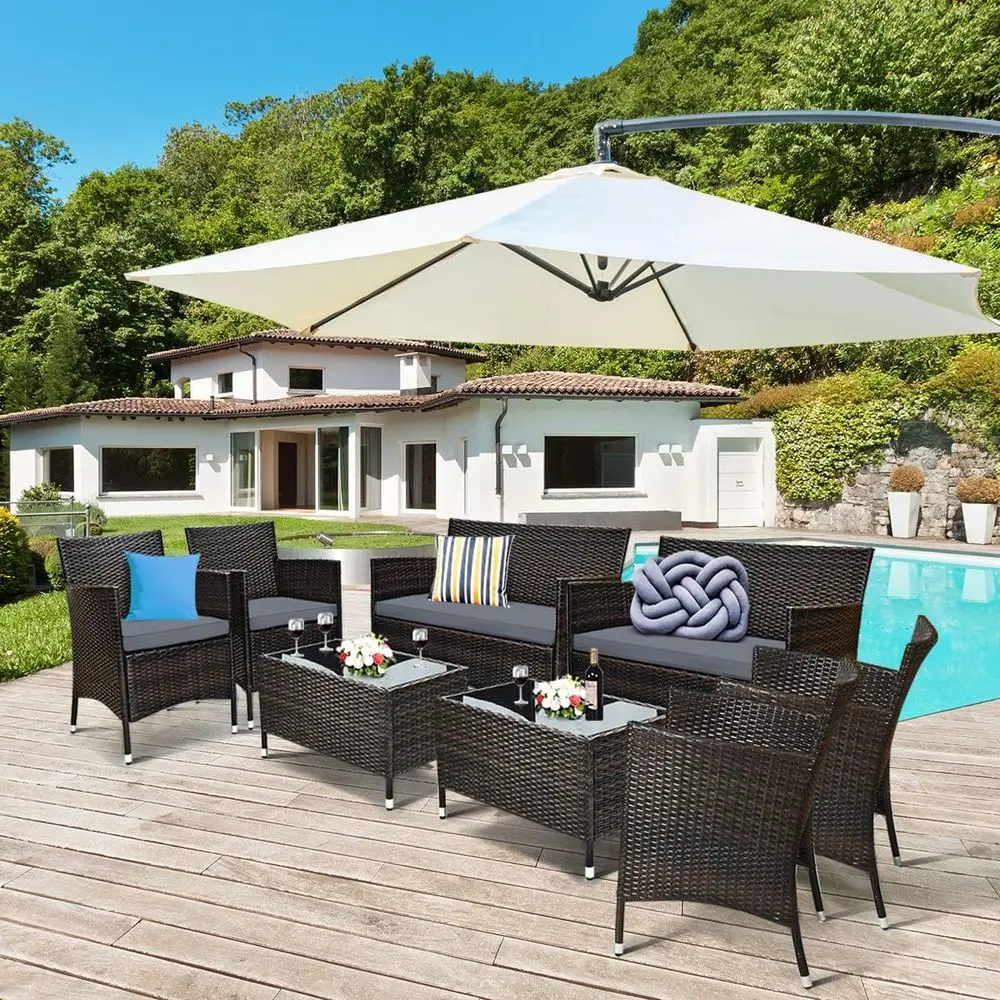8 PCS Patio Rattan Contion Set, Outdoor Wicker urniture Set with Tempered Glass Coee Table &Thick Cushion, Rattan Chair Wicker S