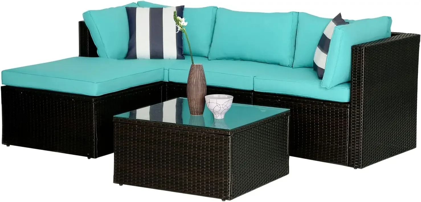 

5Pcs Modular Outdoor Sofa Set All Weather Wicker Sectional Sofa with 2 Corner Chair Armless Chair Ottoman Chair Glass Table