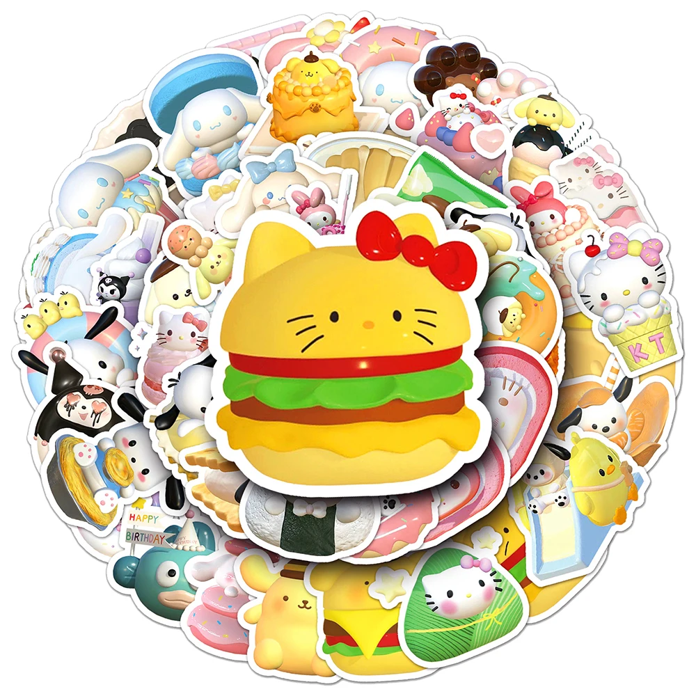 10/30/50pcs Cute Funny Food Sanrio Cartoon Stickers 3D Hello Kitty Kuromi My Melody Anime Decals Kawaii Kids Sticker Toys