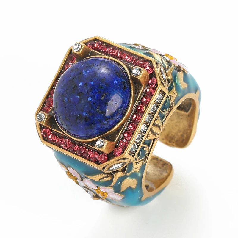 Vintage Square Red Blue Rhinestone Flower Rings - Image 3