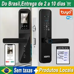 XSDTS Tuya WiFi Câmara Electronic Smart Door Lock, Impressão digital biométrica, Smart Card, Senha, Desbloqueio com chave, USB Emergency Charge