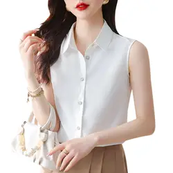 summer new Solid color fashion sleeveless shirt women High street Casual Loose Button Cardigan elegant ventilate Pure cotton top