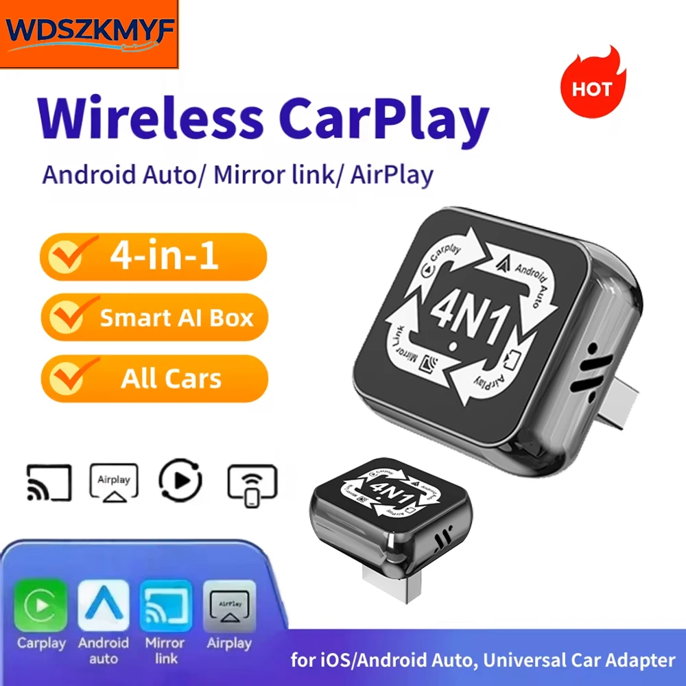 

2026 4in1 New Upgrade Carplay Adapter Wireless Android Auto Mirror Link Smart MiNi AI Box USB Plug and Play Auto Connect WiFi