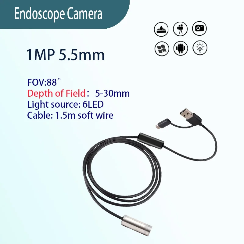 

1MP 5.5mm 88° close focus endoscope camara Mechanical maintenance 1.5m USB Soft wire endoscope camara