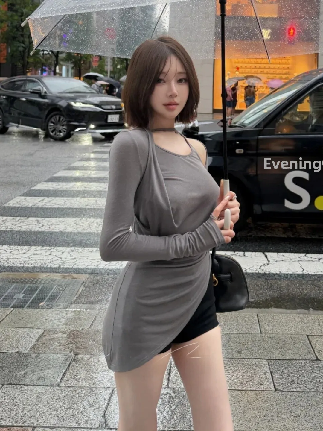 Elegant Grey Long Sleeve Slim Fit Top with Unique Neck Design Casual Style Uneven Hemline Women's T-shirt from China