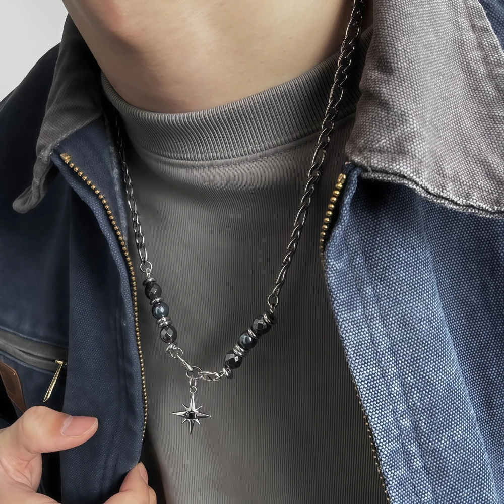 Titanium Steel Obsidian Star Necklace for Man Punk Bead Clavicle Chain Luxury Pendant Jewelry Hip-hop Accessories Wholesale
