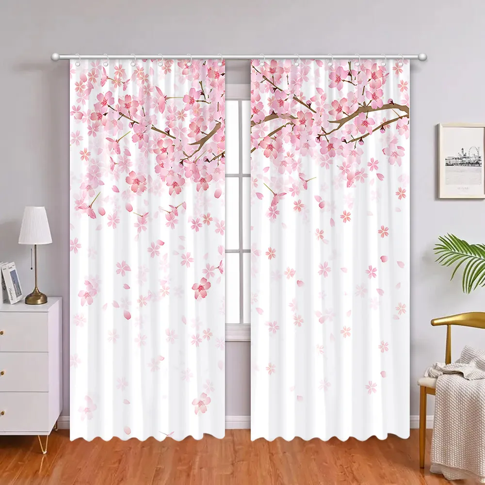 2Pcs Cherry Blossom Curtains Flower Love Gift Living Room Bedroom Curtains Bathroom Shower Curtains Fabric Home Decor With Hooks