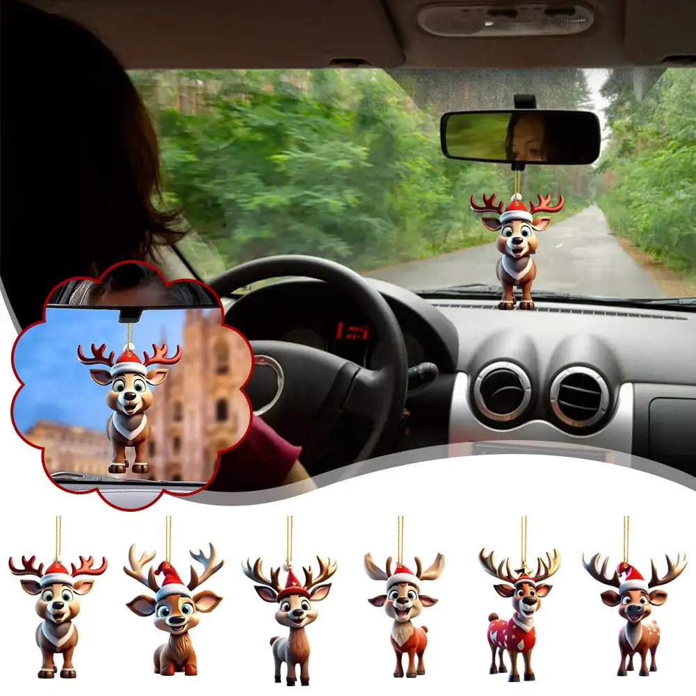 2D Acrylic Cartoon Deer Christmas Tree Pendant Christmas Decors Cute Car Interiors Decorations Elk Hanging Accessories X6H0