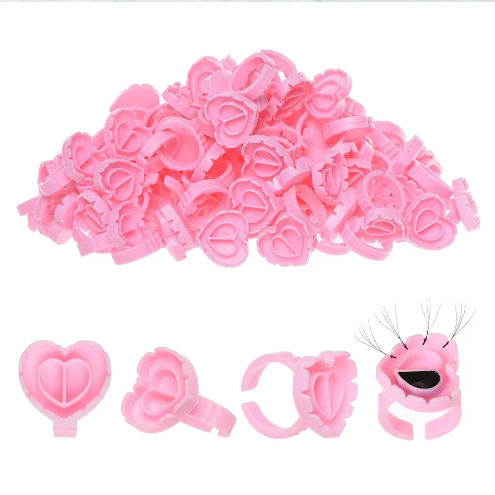 Caja de 100 Uds. De pegamento para extensión de pestañas, anillo floreciente, taza con forma de corazón, bandeja de pegamento integrada para pestañas, tazas para extensiones de pestañas