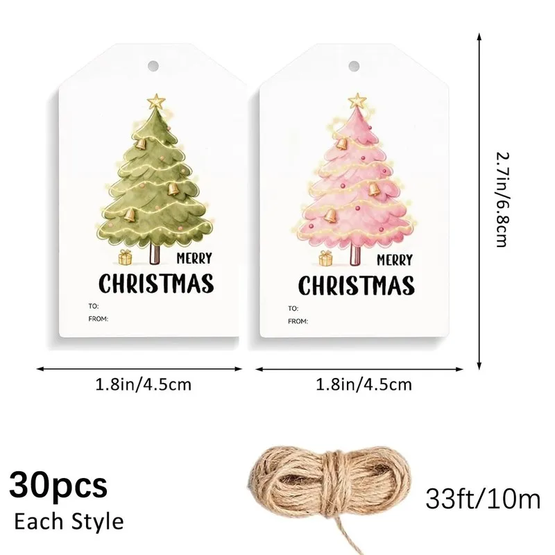 60pcs/Pink and green Christmas tree with string, hanging tags, Christmas candy bags, gift boxes, and gift wrapping tags view 3