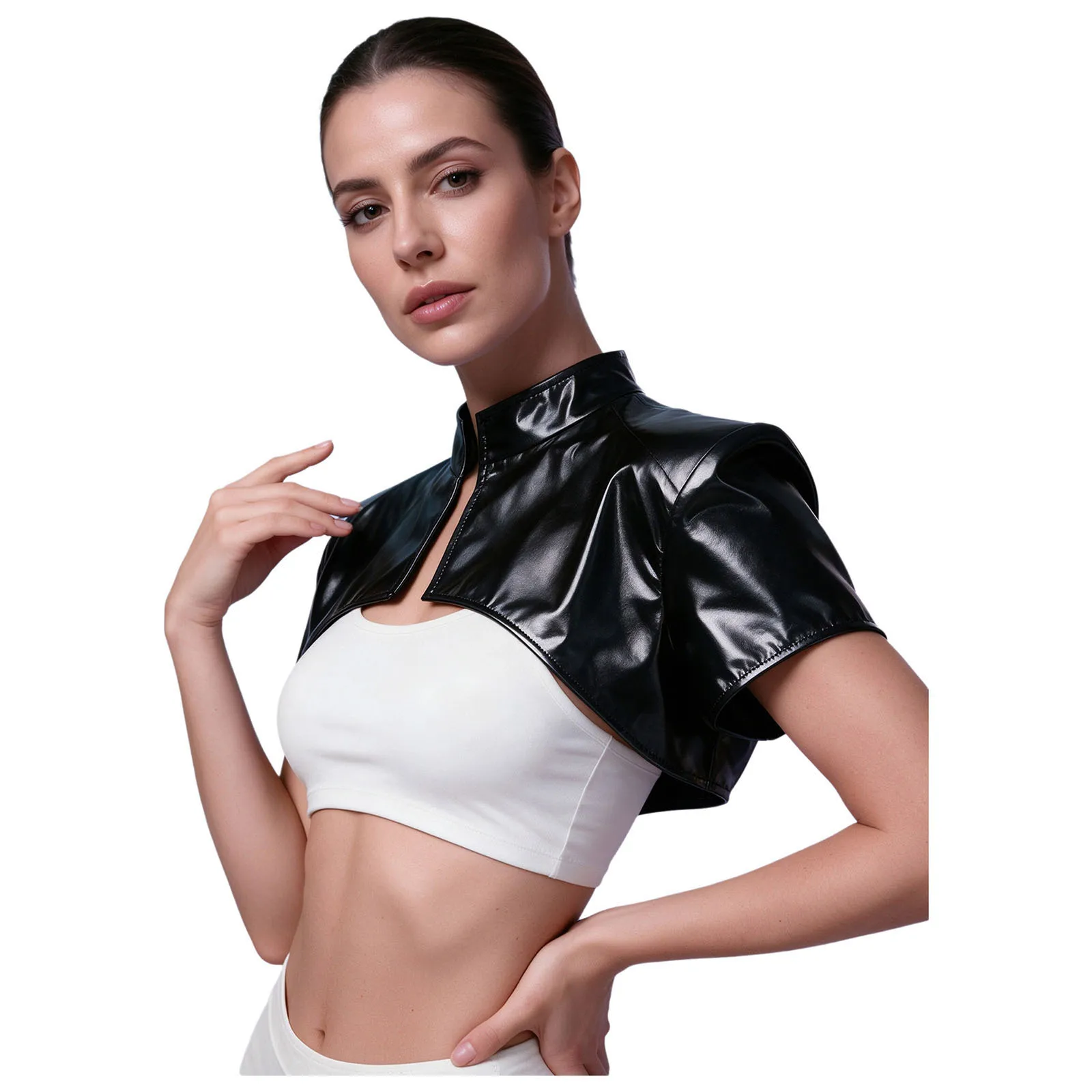 Women Metallic Gold Foil Crop Tops Open Front Shrug Jacket With Shoulder Pads Stand Collar Front Zip Short Bolero Outerwear