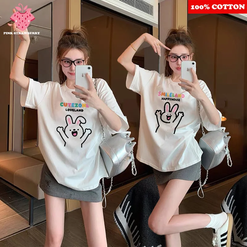 

Cute Cartoon Rabbit Print T-shirt Women Summer 2025 New 100% Cotton short sleeves T-shirt Casual Y2k Tops Youth female clothing