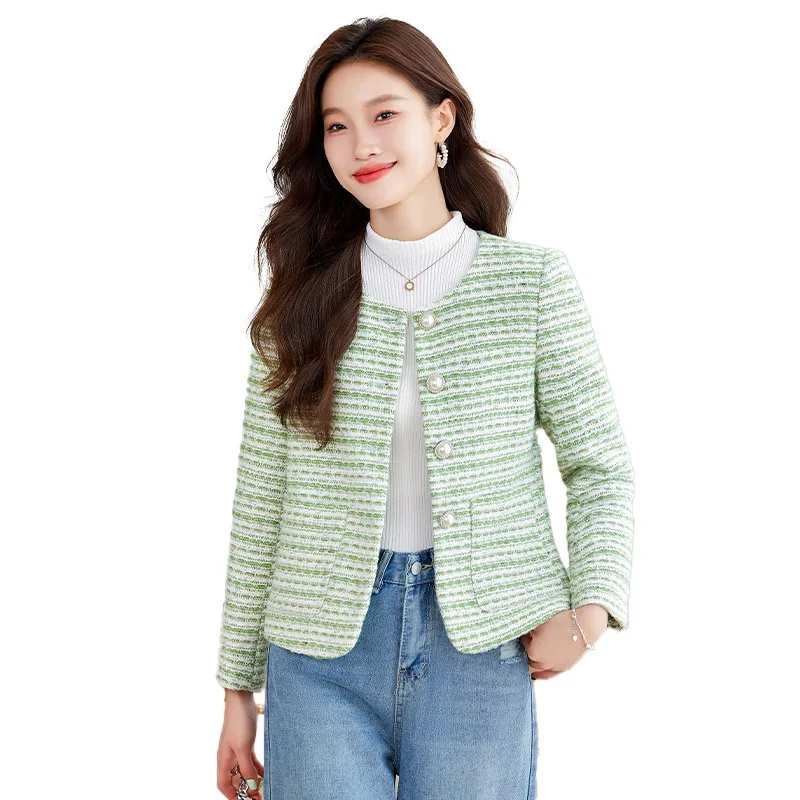 Spring Autumn Women Blazers 2024New Fashion O-neck Long Sleeved Short Jacket Lady Office Suit Coat Female Small Fragrance Jacket