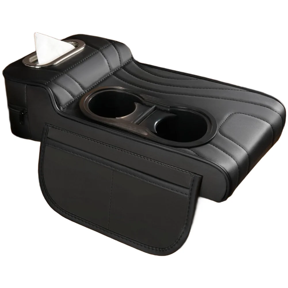 Automotive Leather Armrest Cover with Raised Support Pad Compartment Dual Cup Holders and Side Storage Integration