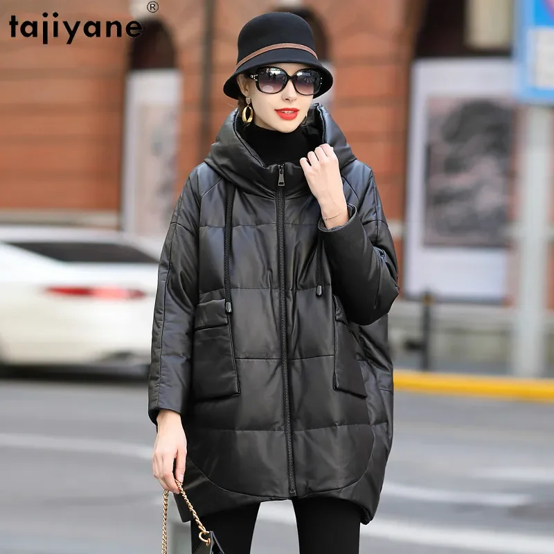 Tajeyane-Chaqueta de piel de oveja para Mujer, Plumífero de cuero con capucha, de longitud media, color negro, para oficina, zm381, 100%