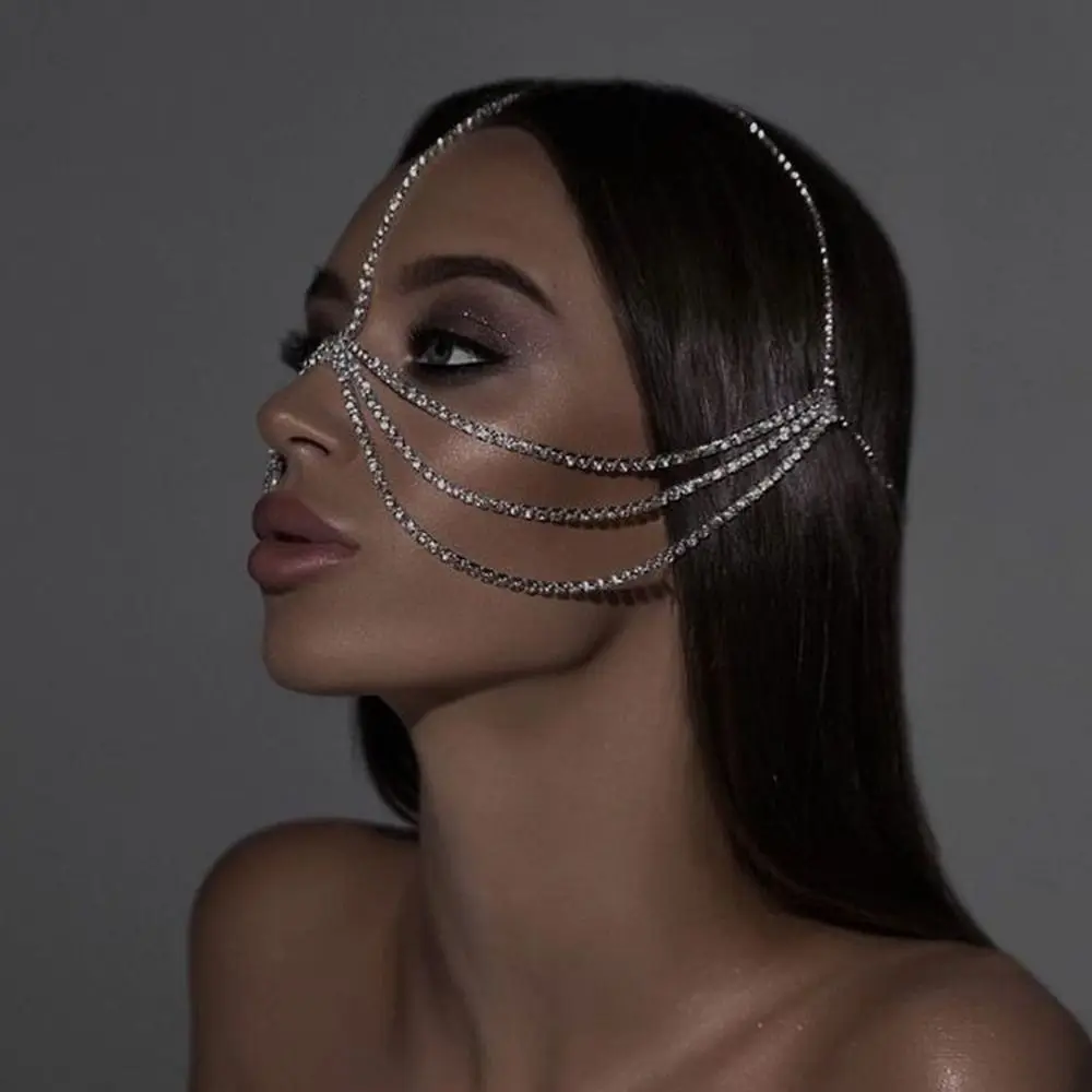 Cover FaceJewelry Hair Chain Multi-Layers Head Chains Crystal Veil Face Chain Face Chain Crystal Layered Face Chain Tassel Veil