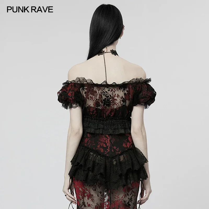 PUNK RAVE Women's Gothic Lace Edges Flocking Mesh T-shirt Sexy & Elegant Slim Tops Women Clothes Spring Summer 2 Colors