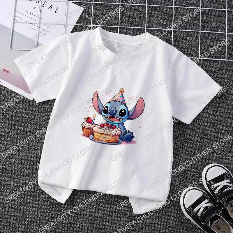 Camiseta de manga corta con dibujos animados para niños, ropa informal Kawaii, Anime, Stitch, pastel de cumpleaños, helado