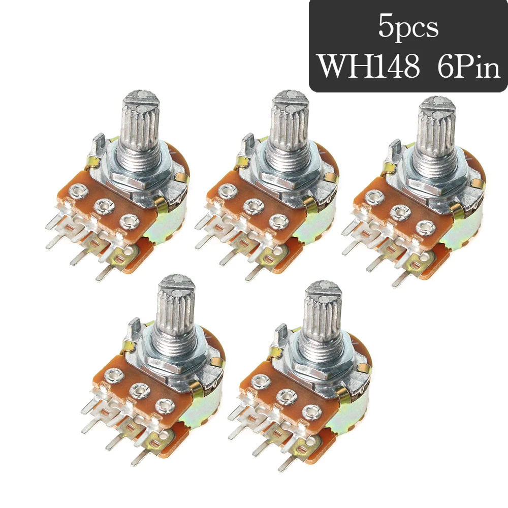 5pcs WH148 Double 6-pin Potentiometer B1K/5K/10K/20K/50K/100K/500K/1M Ohm Adjustable Resistance Rotary Carbon Film Potentiometer