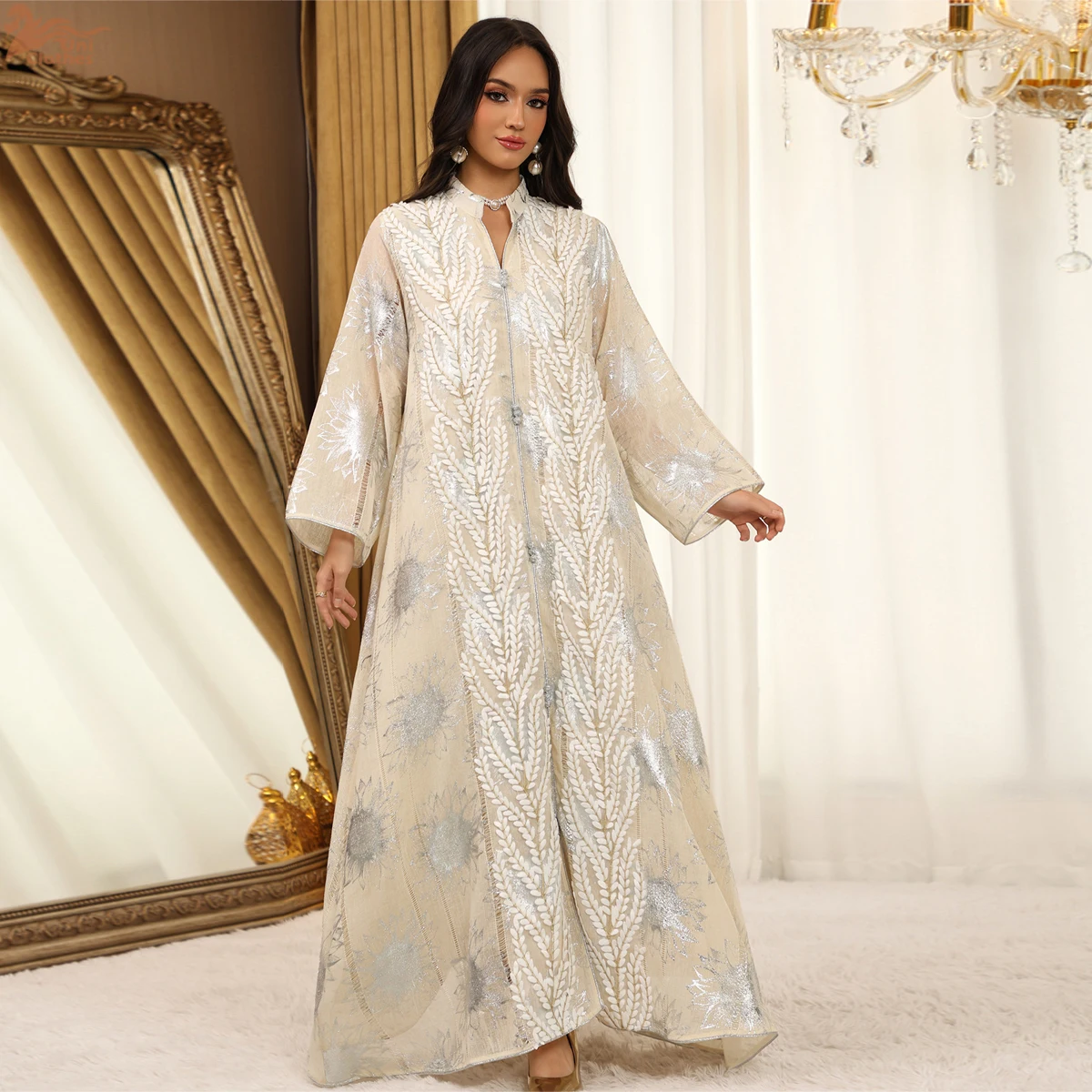 Uni Dubai besticktes elegantes Damen-Abendkleid, Netzärmel, Abaya, Marokko, modische Damenbekleidung