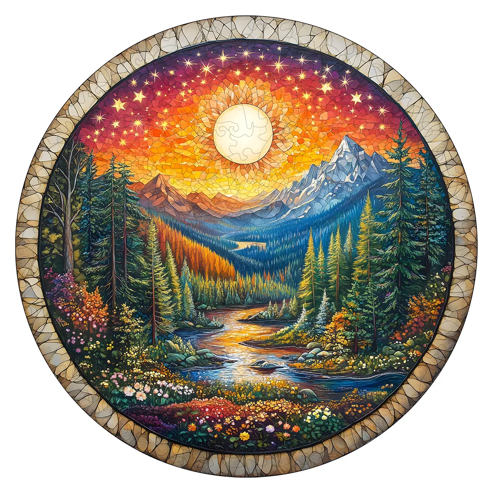 Wooden Puzzles for Adults, 3D Vision Effects Cave Forest Wooden Jigsaw Puzzles for Adults, Unique Shape, Hill Sunset Forest Trai