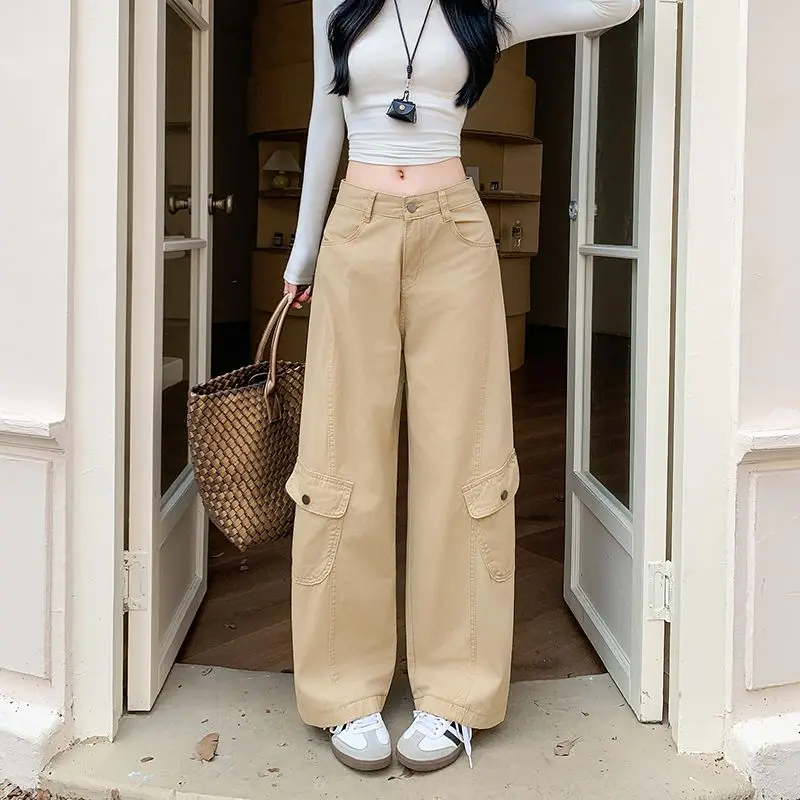 Women's Khaki Green Casual Denim Cargo Baggy Y2K Harajuku High Street Aesthetic Vintage Wide Leg Jeans Pants Streetwear Clothes