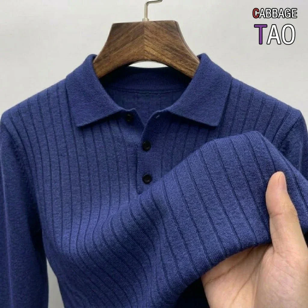 Mens Solid Color Lapel Collar Knitted Polo Jumper Long Sleeve Slim Fit Thermal Warm Pullover Winter Dressy Outer Garment Tops