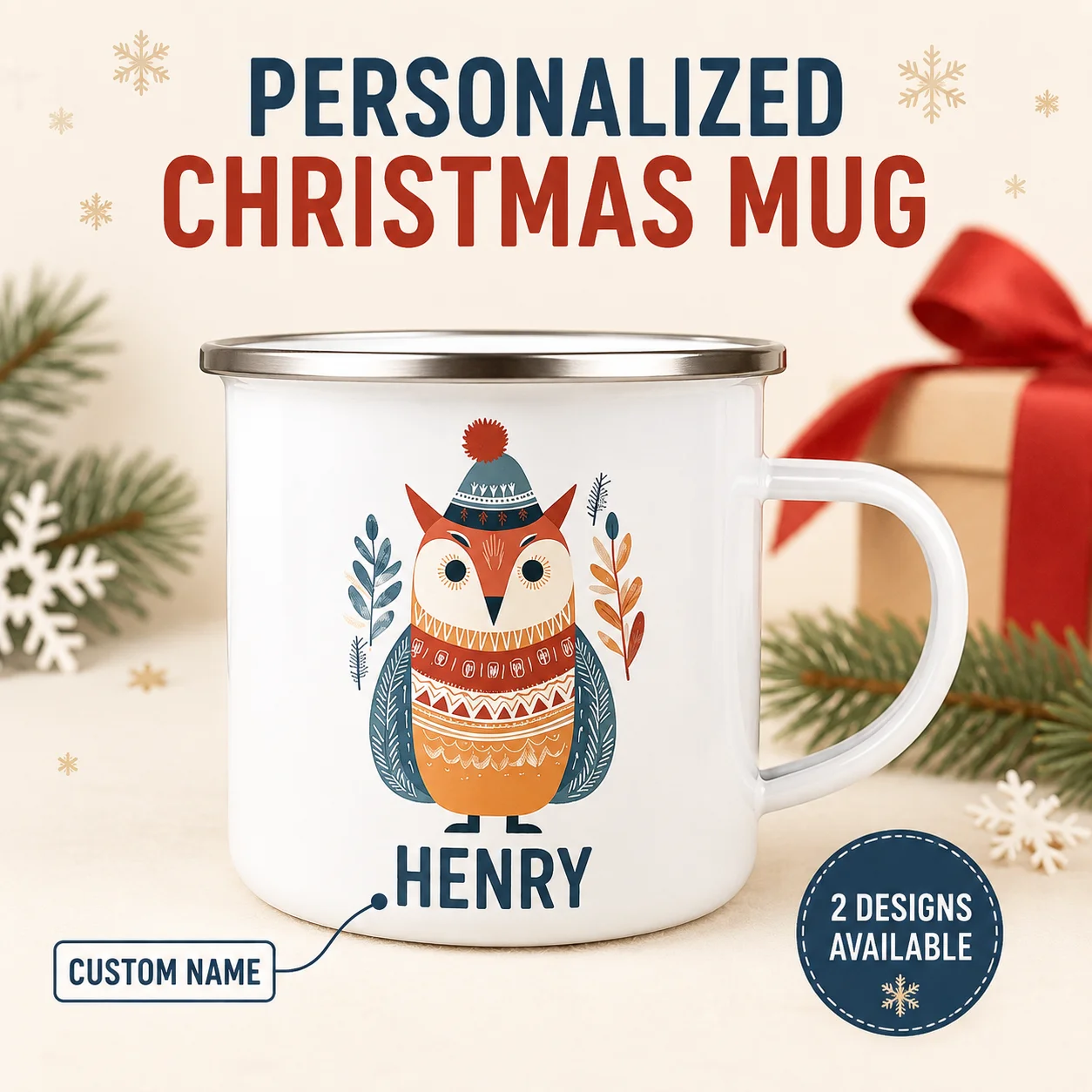 Personalized Kids Christmas Enamel Camping Mug Custom Name Winter Hot Chocolate Cup Cute Xmas Character Drinkware Holiday Gif