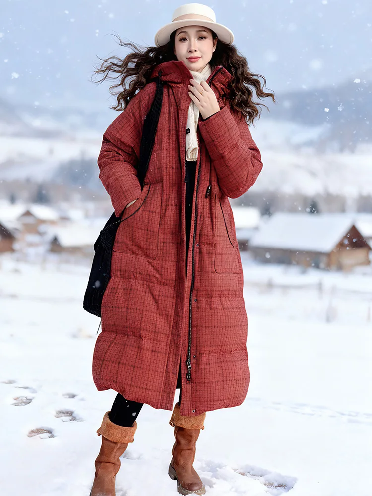 115-135 سنتيمتر التمثال الشتاء أسفل السترات النساء أنيقة الأبيض بطة أسفل يندبروف سميكة الدافئة طويلة الأحمر منقوشة مقنعين أسفل السترات المنتفخة #3