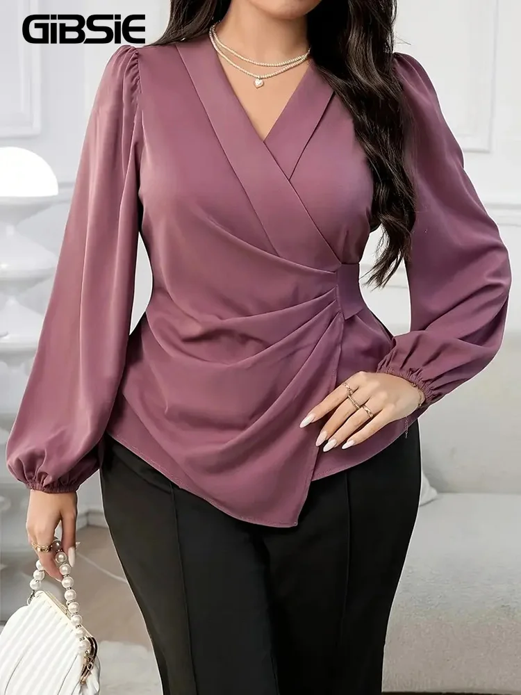 GIBSIE Plus Size Solid V-neck Wrap Tie Blouse Women Spring Fall Lantern Sleeve Elegant Office Ladies Ruched Blouses Shirts