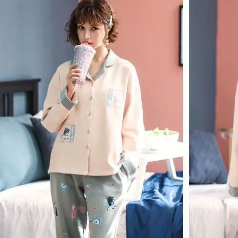 Pajamas for Women 2025 New Winter and Autumn Cotton Sleepwear 2pcs Kawaii Clothes Long Sleeve Pants Home Wear Plue Size 3xl
