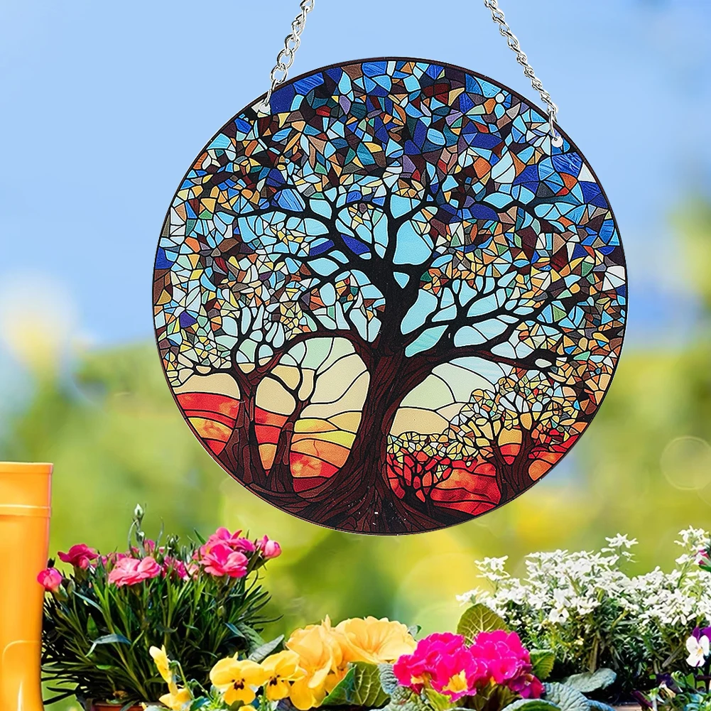 

1PC Tree of Life Round Acrylic Painted Windows Decoration Pendant Wall Hanging Creative Craft Girl Room Decoration Accessories