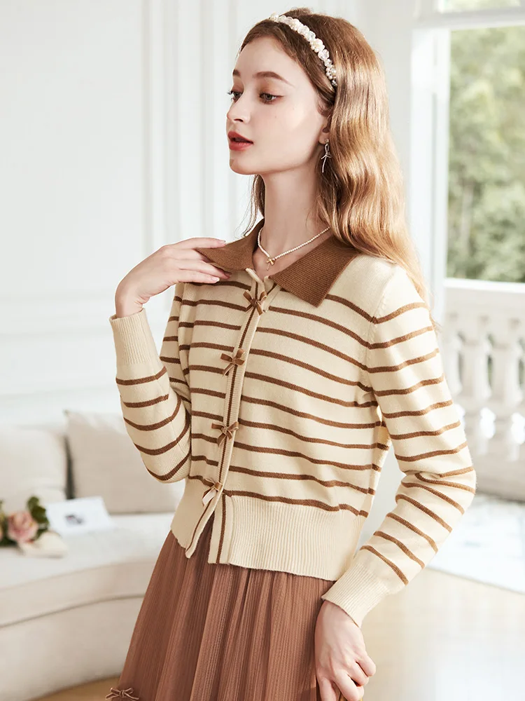 I BELIEVE YOU Women Sweater Autumn 2023 Apricot Striped French Slouchy Bow New Polo Collar Slim Knitted Sweet Tops 2234125238