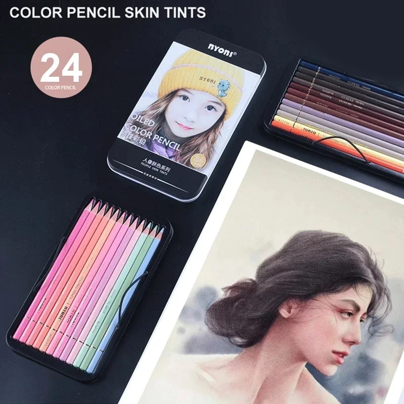 Nyoni Skin Tone Oil Pencil 24 Color Tints Soft Pastel Portrait Sketch Pencil Wood Color Pencils For Artist School Art Supplies