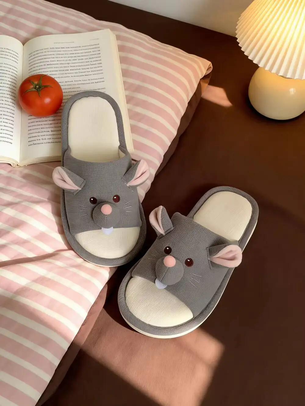 Unsiex Linen Slippers 2026 New Women's Cute Cartoon Pink Ear Mouse Cotton Slippers Breathable Soft Sole Bedroom Floor Shoes