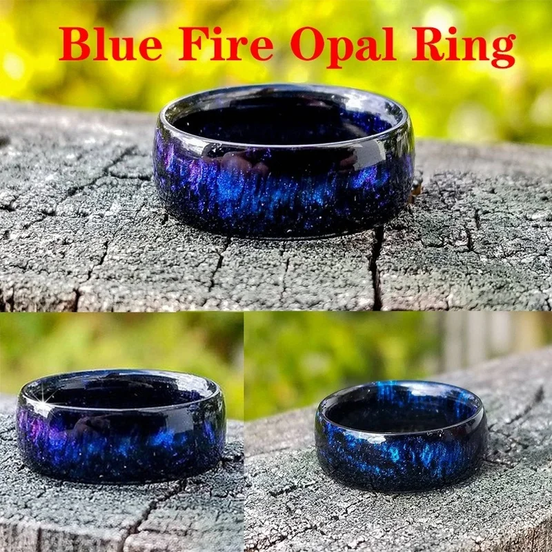 7 Colors Fire Opal Rings for Women White Created Opal Band Carbon Fiber Lining Iridescent Color Changing Opal Ring Jewelry