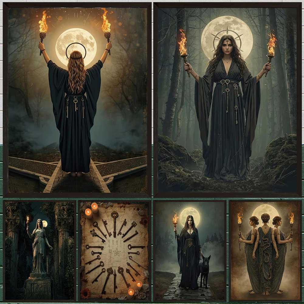Gothic Witch & Torch Wall Art,Triple Goddess, Hecate & Owl Moon Canvas Prints,Perfect Gift For Pagan & Wicca Poster Print Decor