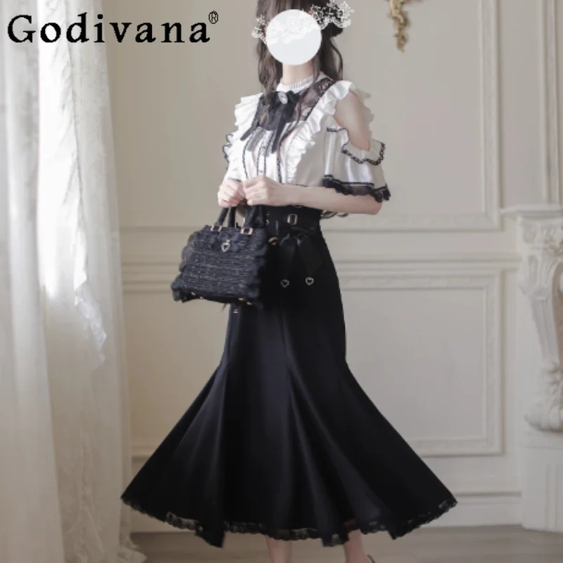 Japanese Subculture Sets Gothic Lace Sexy Off-the-shoulder White Short Sleeve Shirt Girl High Waist Black Lolita Fishtail Skirt