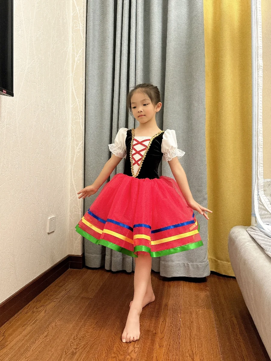 Girls Ballet Dress Red Spanish Skirt Ballerina Dance Costume Kids Women Professional Long Stage Performance Elegant Clothing