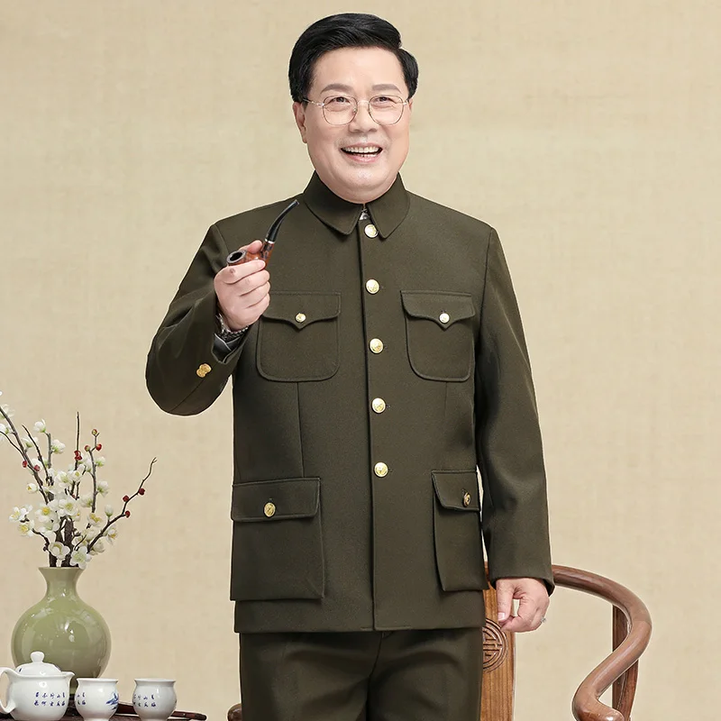 Ensemble de Vêtements Militaires Classiques pour Homme, Manteau et Pantalon Imbibés de Zhongshan Vert Armée, pour le Moyen Âge, pour le Printemps, l'Automne et l'Hiver